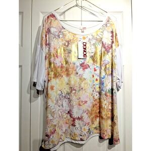 Bongo Shirt Womens Juniors Plus 1X White Floral JTAIME Gold Foil Novelty Tee Top